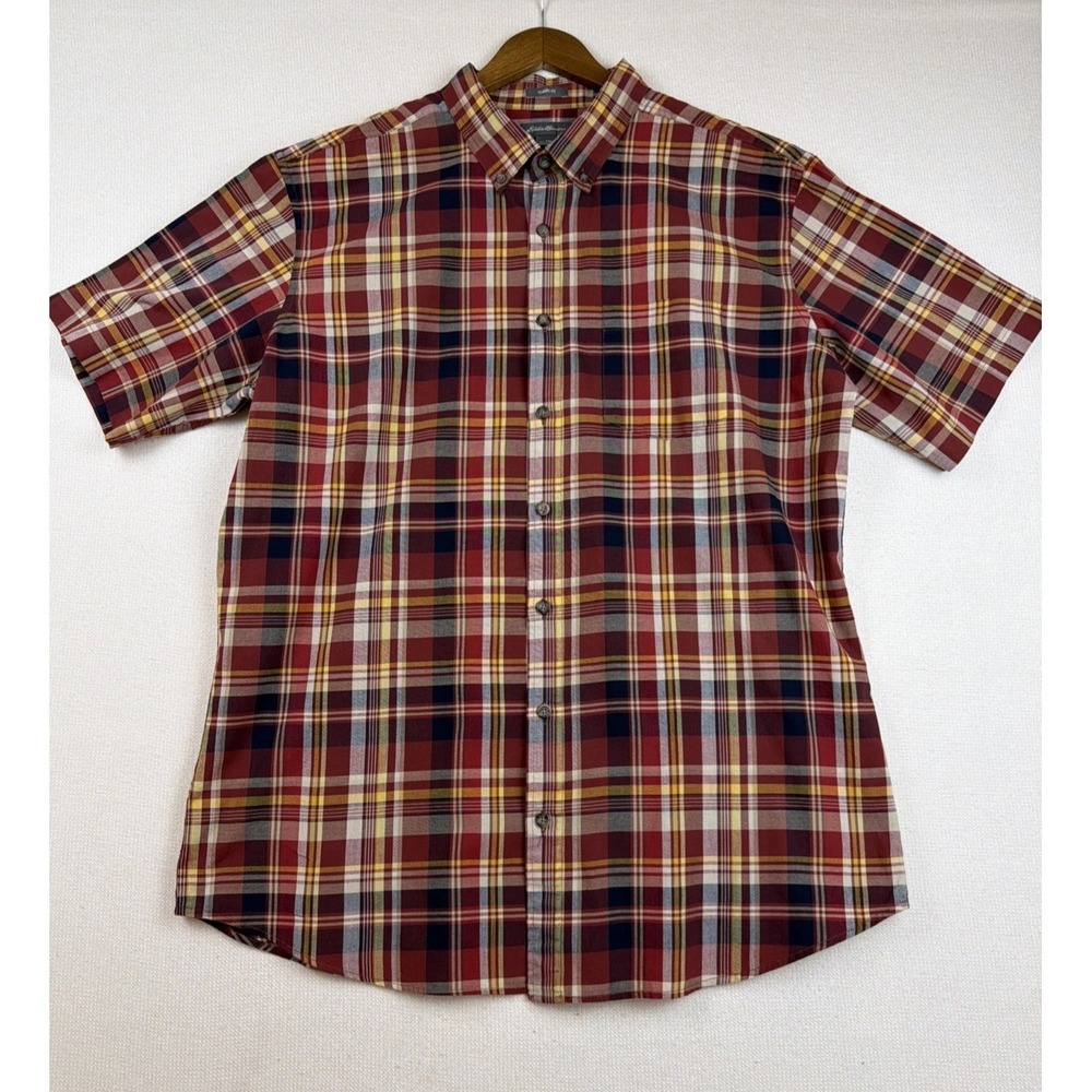 Eddie Bauer Classic Fit Button Down Shirt Men Size TALL TXL Red Plaid‎ Cotton